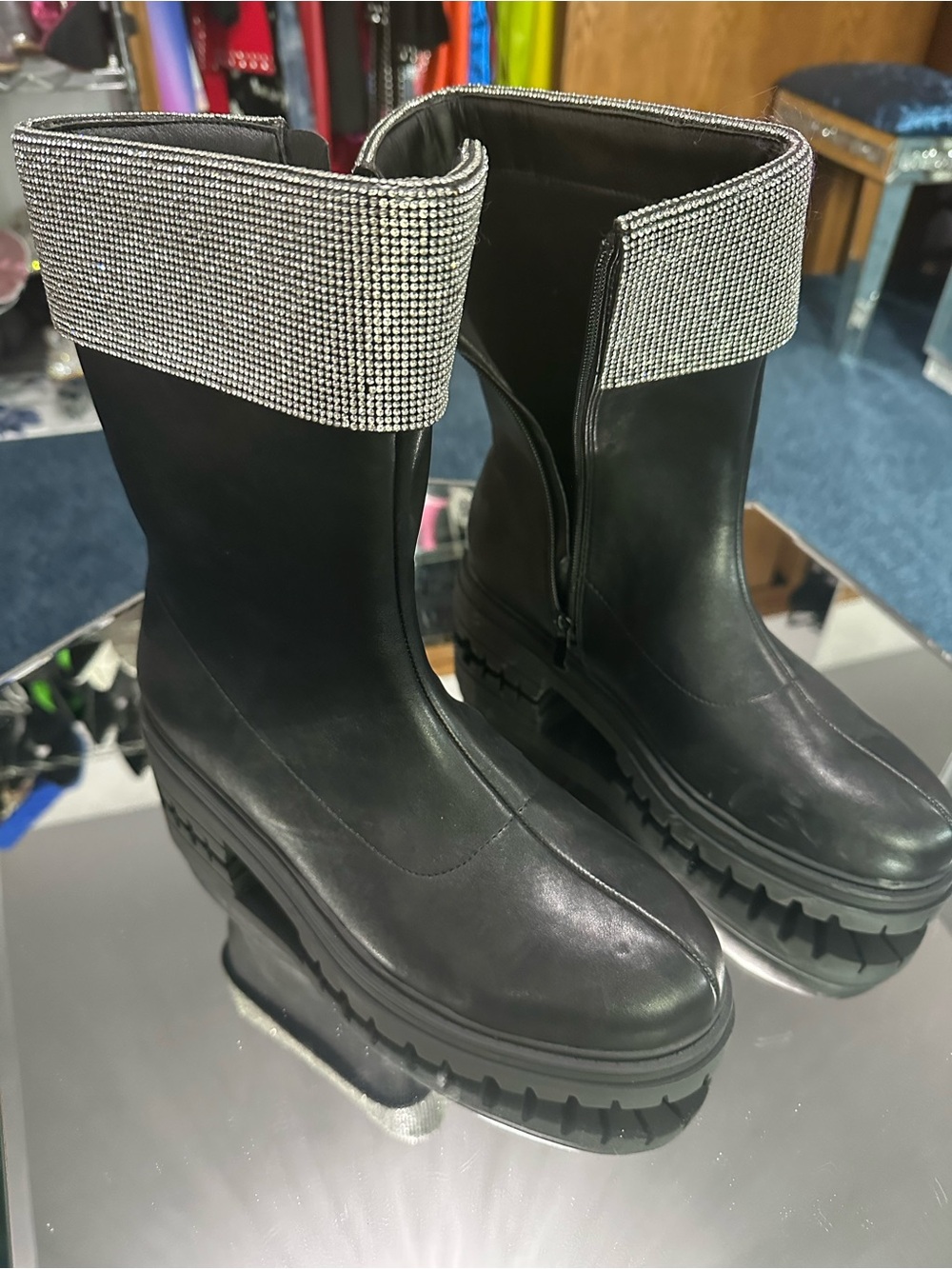Black Ankle Lace-Up Boots with Rhinestone Cuff